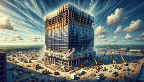 Futuristic glass skyscraper under construction using fire-resistant coatings by the coast.