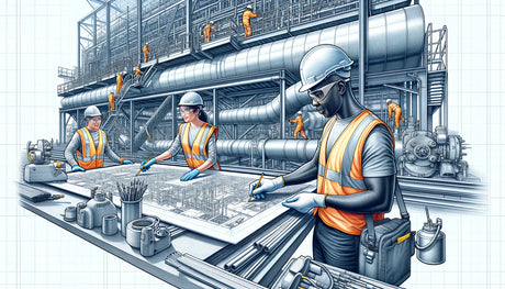Industrial workers examining blueprints for installing fire-resistant coverings at a site.