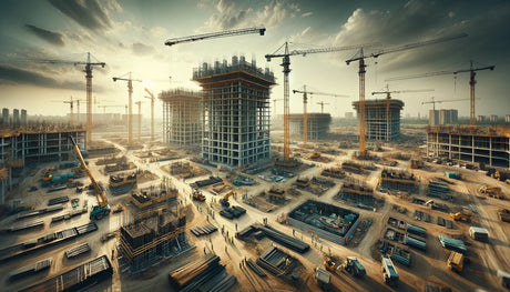 The scene is set on a large commercial construction site bustling with activity under a clear, expansive sky. Towering cranes loom over the site, where multiple buildings are in various stages of construction. 