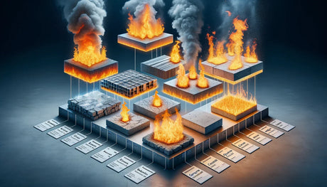 Isometric view of burning computer processors illustrating fire-resistant materials concept.