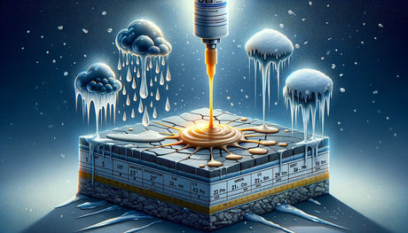 Surreal cube with rain clouds and icicles illustrating waterproofing in extreme conditions.