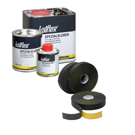 Cans of Kaimann Kaiflex Adhesives & rolls of tape