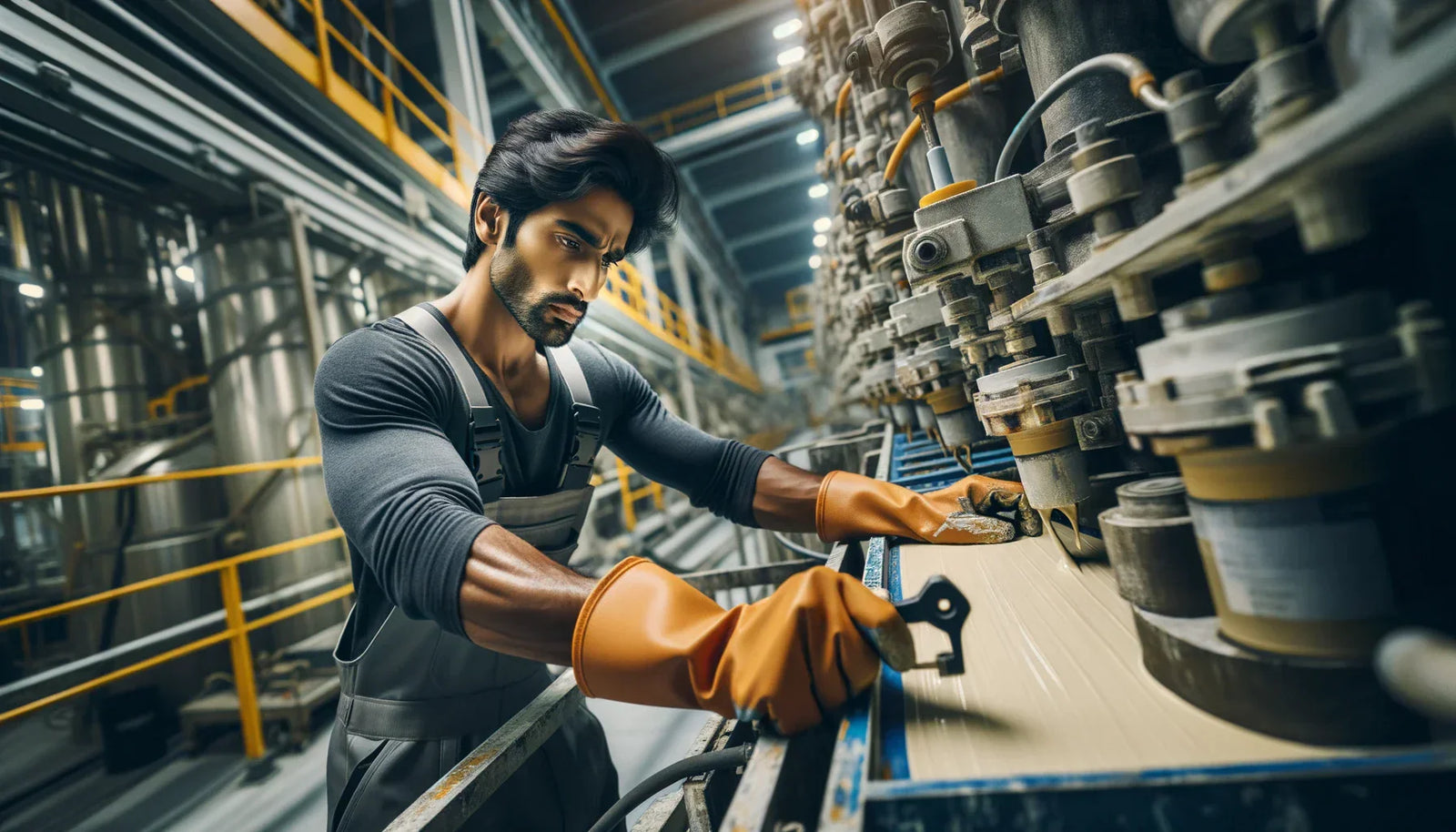 Worker operating industrial machinery while applying high-temp mastics in a factory setting.