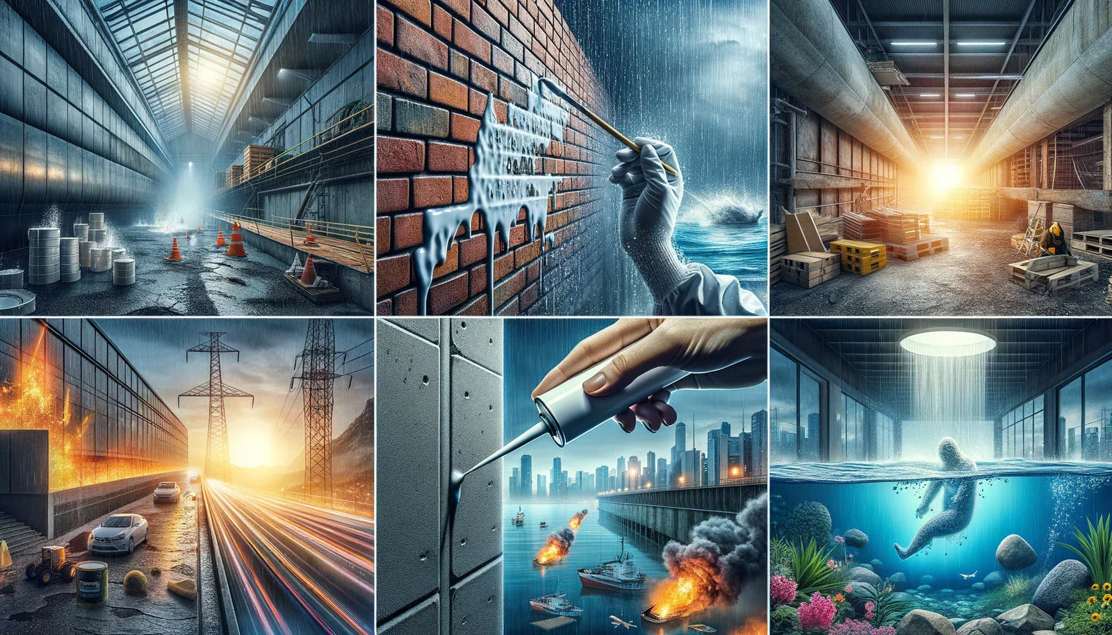 Collage of futuristic urban scenes illustrating proper application techniques for sealants.