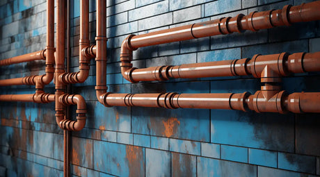 Copper pipes with joints and fittings on a blue-tiled wall for installing Armaflex insulation.