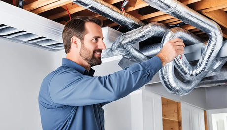 Worker in a blue shirt inspecting HVAC duct systems for effective duct sealing.