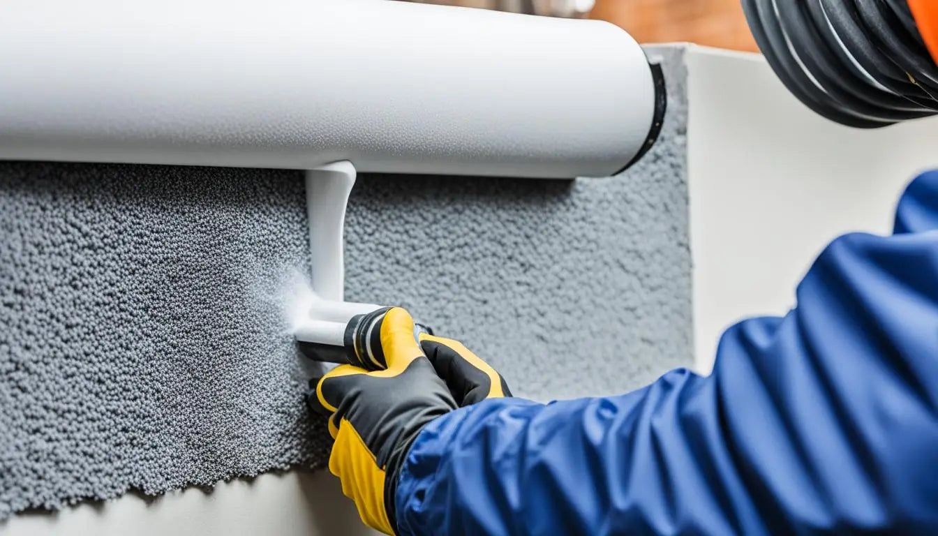 Paint roller applying white paint on a textured wall with elastomeric foam insulation.