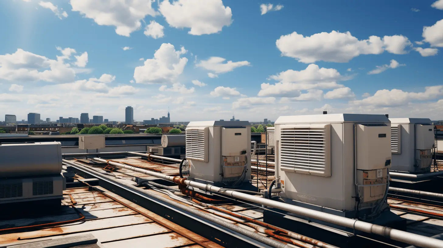 Air conditioning units on a rooftop with Armaflex and Kaiflex nitrile rubber insulation.