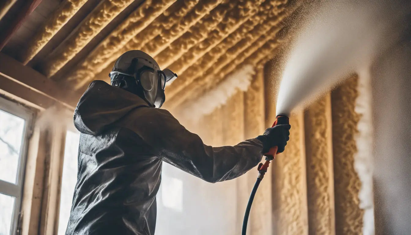 Person in protective gear applying spray foam insulation in a building interior.