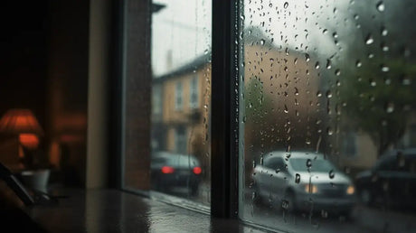 A view through a home window in a UK residential area with raindrops and condensation on the window and a multi-storey building and cars visible