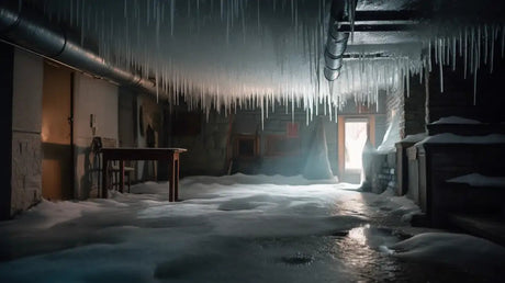 A building basement completely frozen over due to insufficient pipe lagging that resulted in frozen pipes that burst.