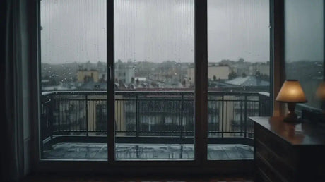 Window view of a rainy cityscape highlighting double insulation for energy efficiency.