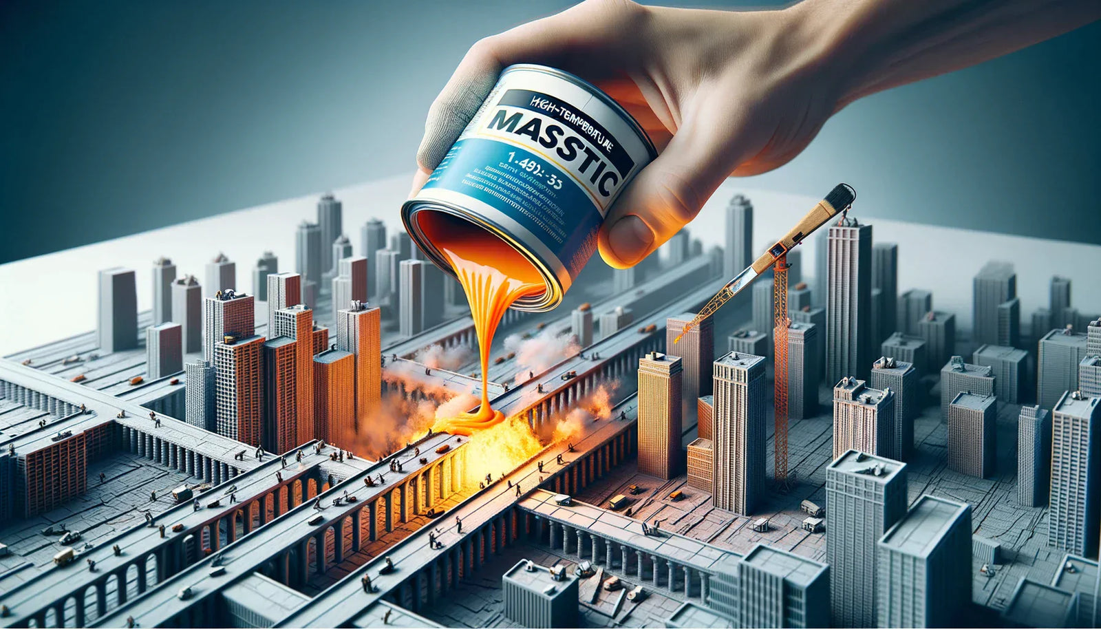 Hand pouring orange liquid from a Mass IQ can onto a miniature cityscape demonstrating high-temp mastic application techniques.