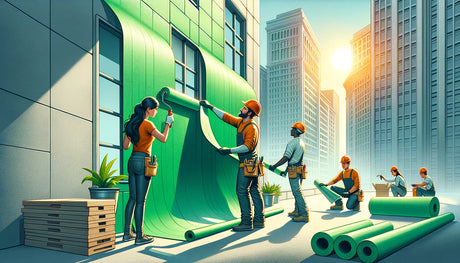 Group of workers applying eco-friendly fire-resistant solutions to a modern building exterior.