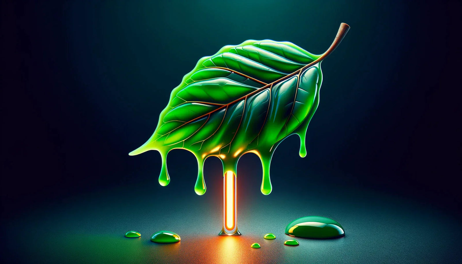 Vibrant green leaf melting with glowing droplets showcasing eco-friendly high-temperature mastics