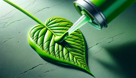 Green leaf receiving eco-friendly waterproof sealants from a glowing syringe.