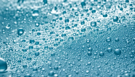 Water droplets on teal surface showcasing elastomeric foam’s water vapor permeability.