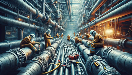 Workers maintaining a network of industrial pipes using electric trace heating methods.