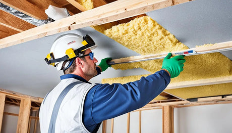 Worker installing elastomeric foam insulation in a ceiling for improved home safety.