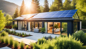 Modern solar homes with solar panels and large glass windows showcasing energy efficiency.