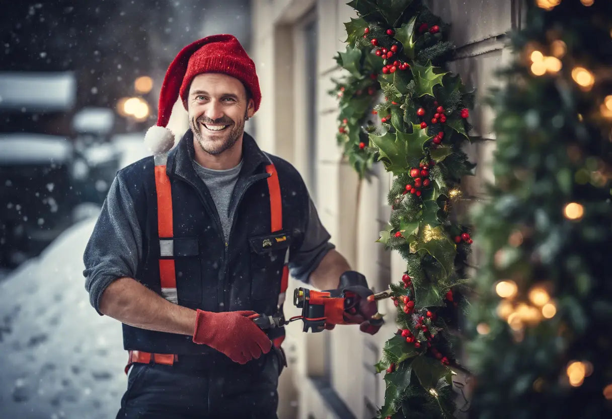 Smiling man in Santa hat decorating for exclusive holiday sale with holly and lights.