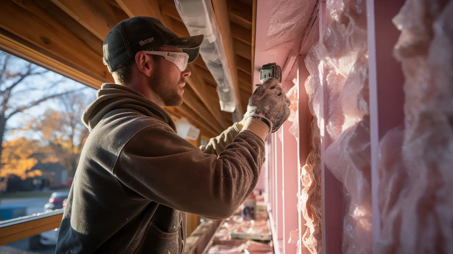 Man enhancing thermal performance by painting the exterior of a house for better insulation.