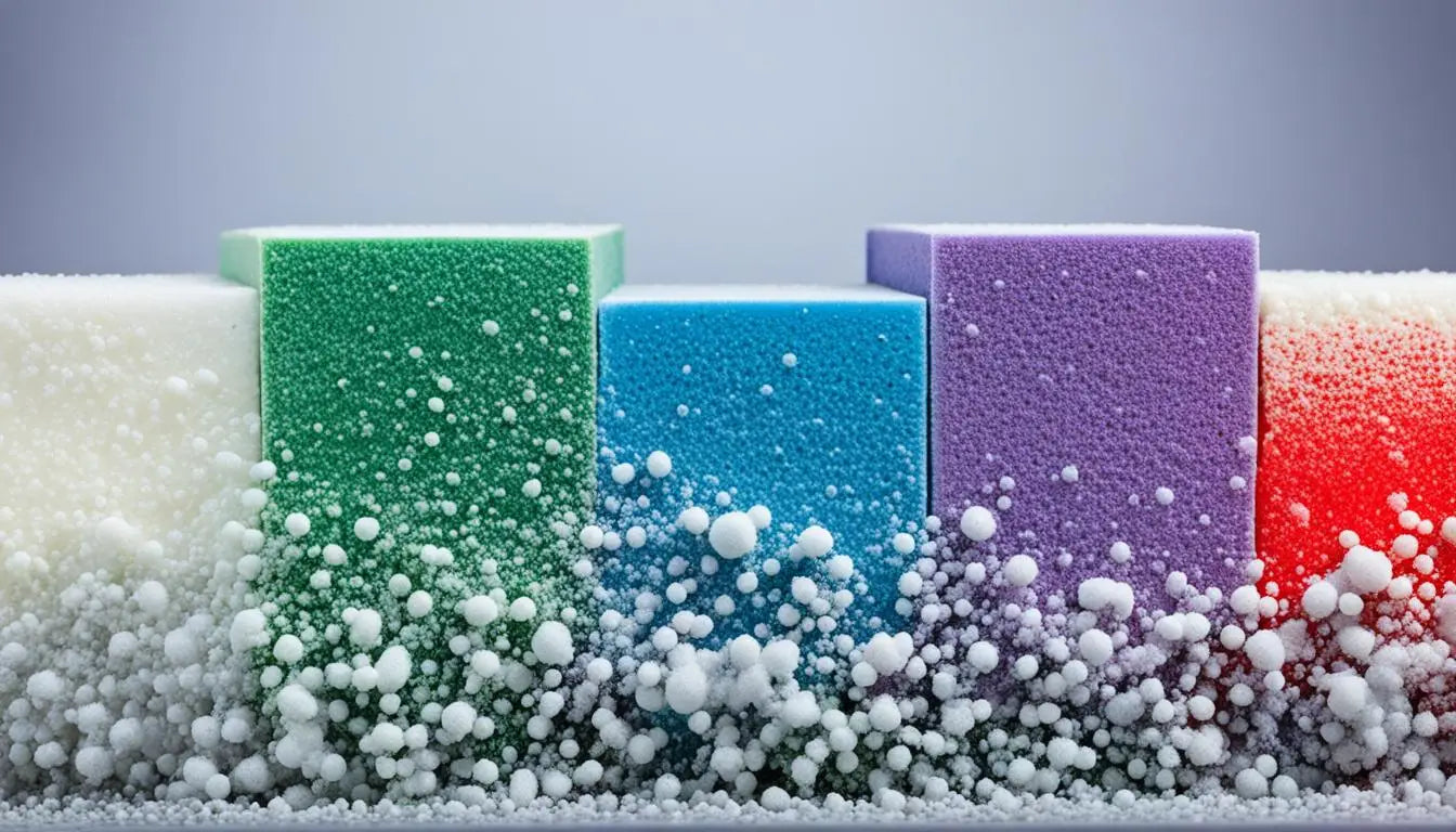 Colorful elastomeric foam blocks with water droplets, highlighting chemical resistance features.