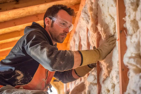 Man installing fiberglass insulation in a wooden structure for energy efficiency.