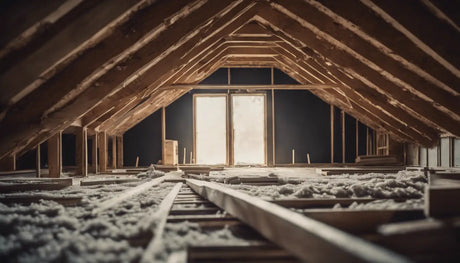 Unfinished attic with exposed rafters and fiberglass insulation for energy efficiency.