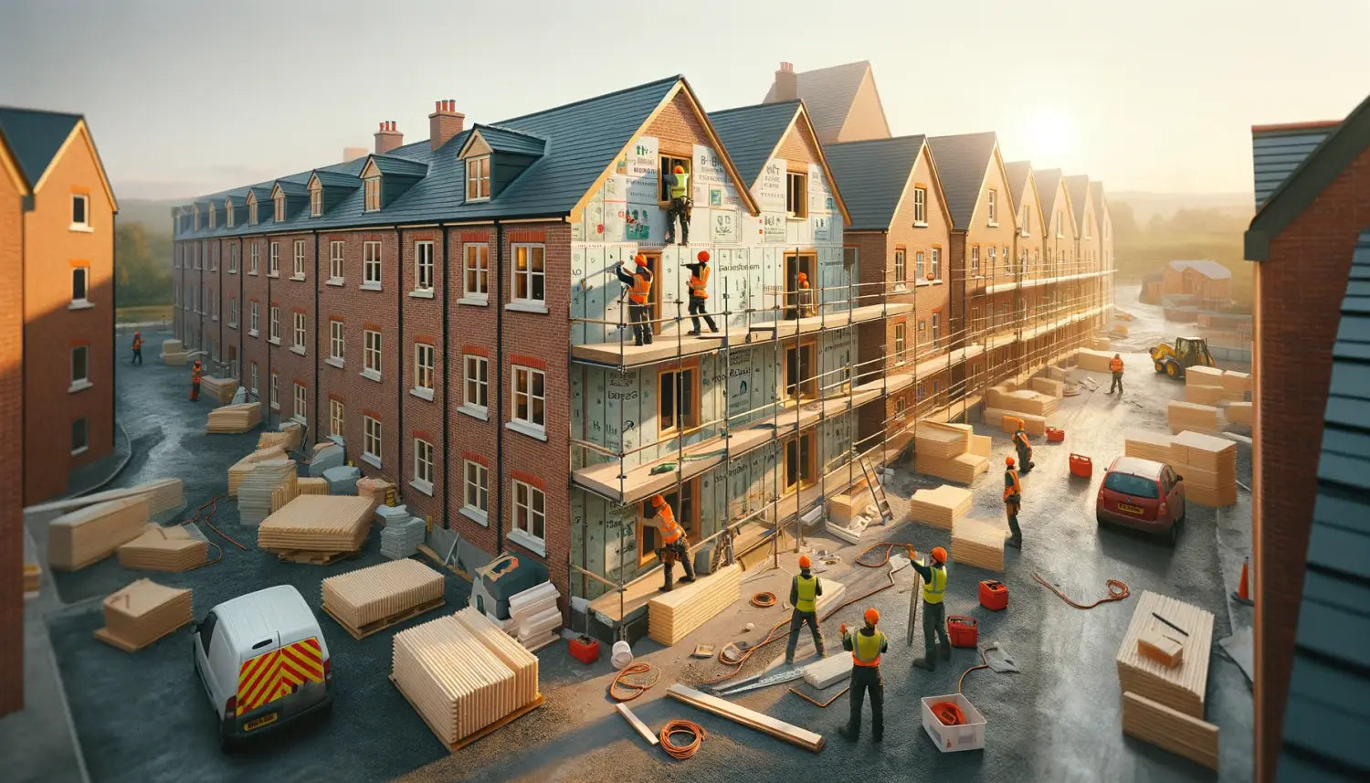 Apartment building under construction showcasing rated insulation materials and workers.