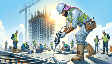 Construction worker using a jackhammer for resistance testing of high-temp mastics.