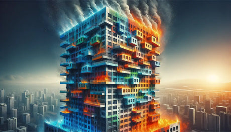 Futuristic skyscraper showcasing vibrant energy effects with fire-resistant coatings.