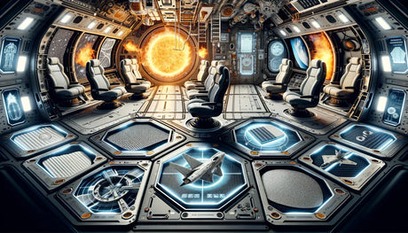 Futuristic spacecraft control room showcasing fire-resistant coverings and advanced technology.