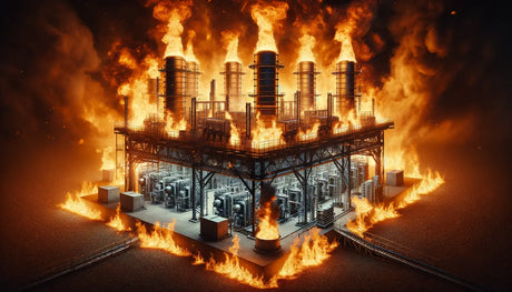 Ornate industrial structure in flames showcasing the need for fire-resistant coverings in the energy sector.