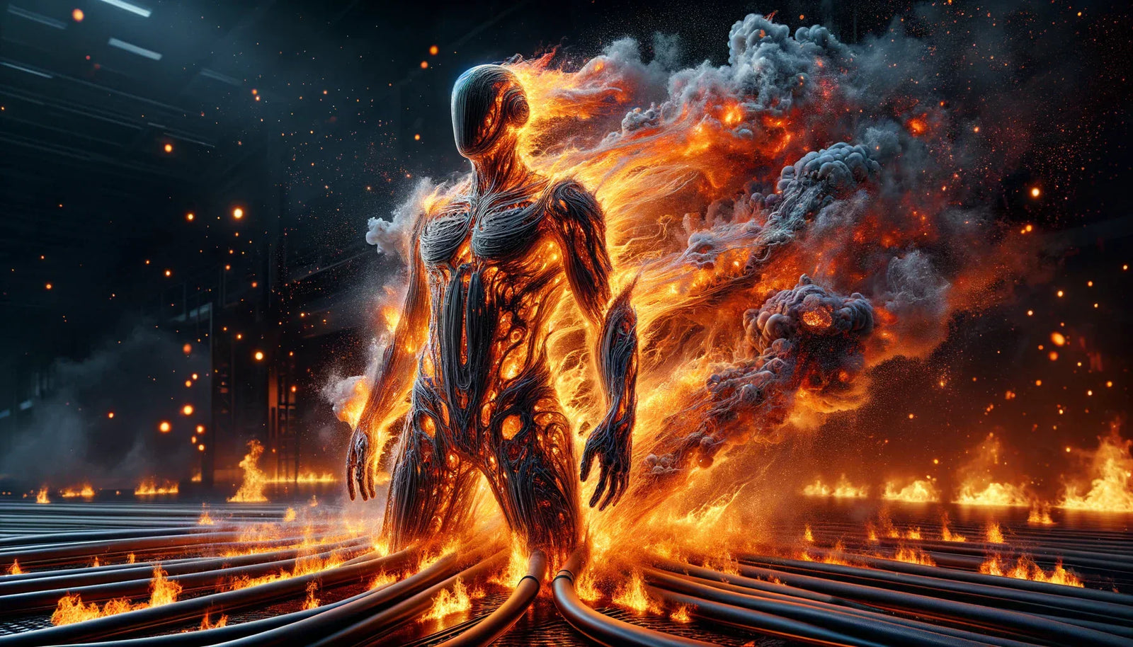 Fiery humanoid figure illustrating fire-resistant coverings in extreme conditions.