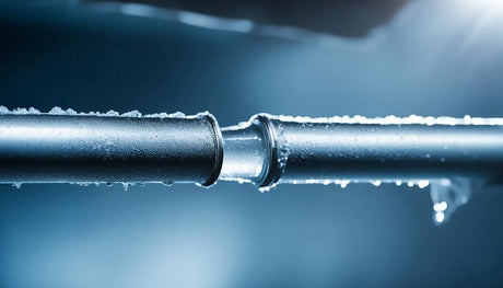 Metal pipe with frost, illustrating risks of frozen pipes and potential water damage.