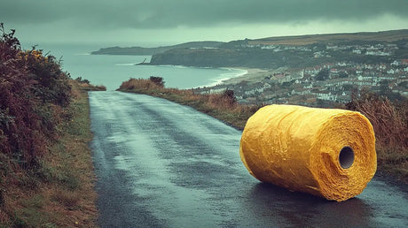 Yellow cylindrical hay bale on a wet road symbolizing Great British Insulation efforts.