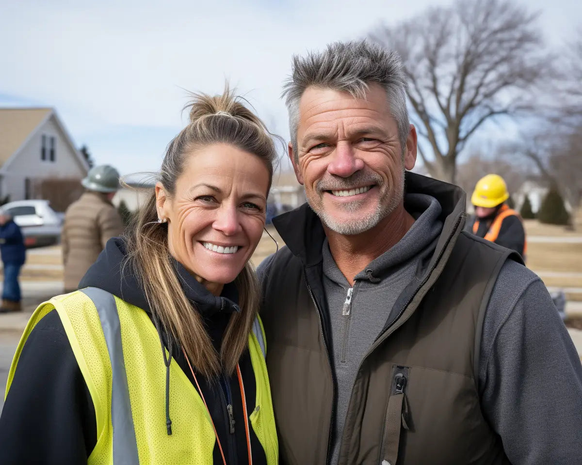 Smiling couple outdoors promoting the Great British Insulation Scheme 2023.