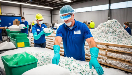 Workers in protective gear sorting recycled plastic materials in an industrial facility.