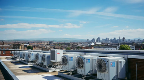 Row of air conditioning units on a rooftop related to duct insulation maintenance.