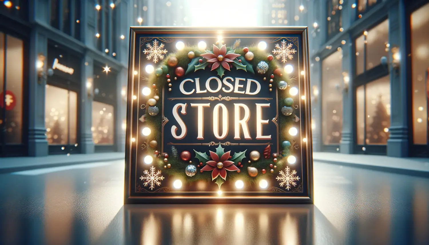 Illuminated CLOSED STORE sign adorned with Christmas ornaments for holiday closure notice