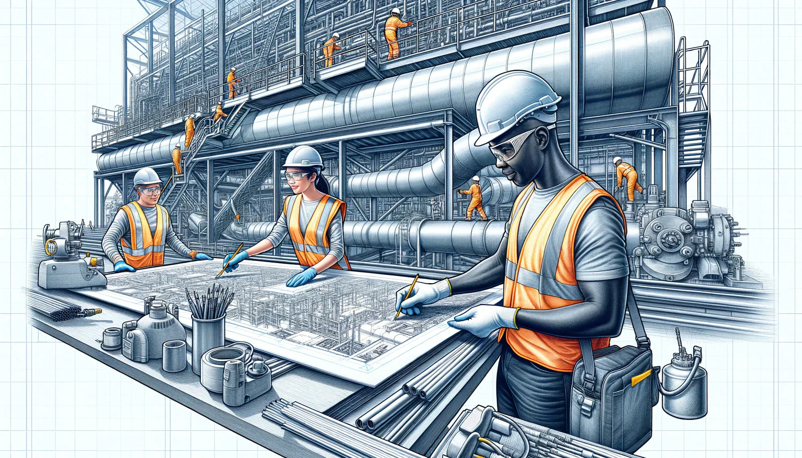 Industrial workers examining blueprints for installing fire-resistant coverings at a site.