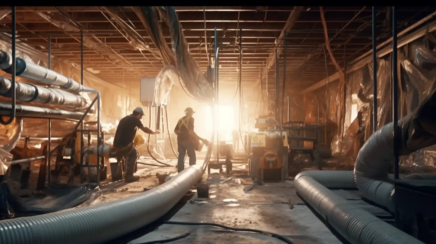 Construction workers in a bright, dusty setting discussing pipe insulation for water pipes.