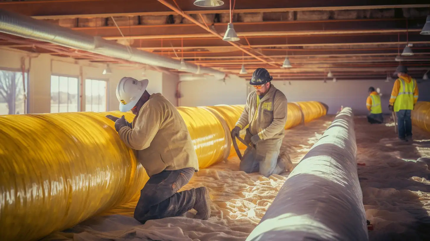 Workers installing yellow fabric air ducts on a construction site for pipe insulation.