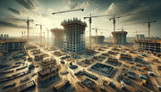 The scene is set on a large commercial construction site bustling with activity under a clear, expansive sky. Towering cranes loom over the site, where multiple buildings are in various stages of construction. 