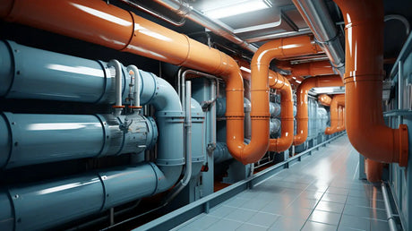 Industrial pipes and ducts in orange and metal showcase advanced pipe insulation techniques.