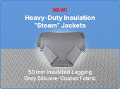 Grey silicone-coated fabric steam jacket with 50 mm insulated lagging for superior thermal efficiency