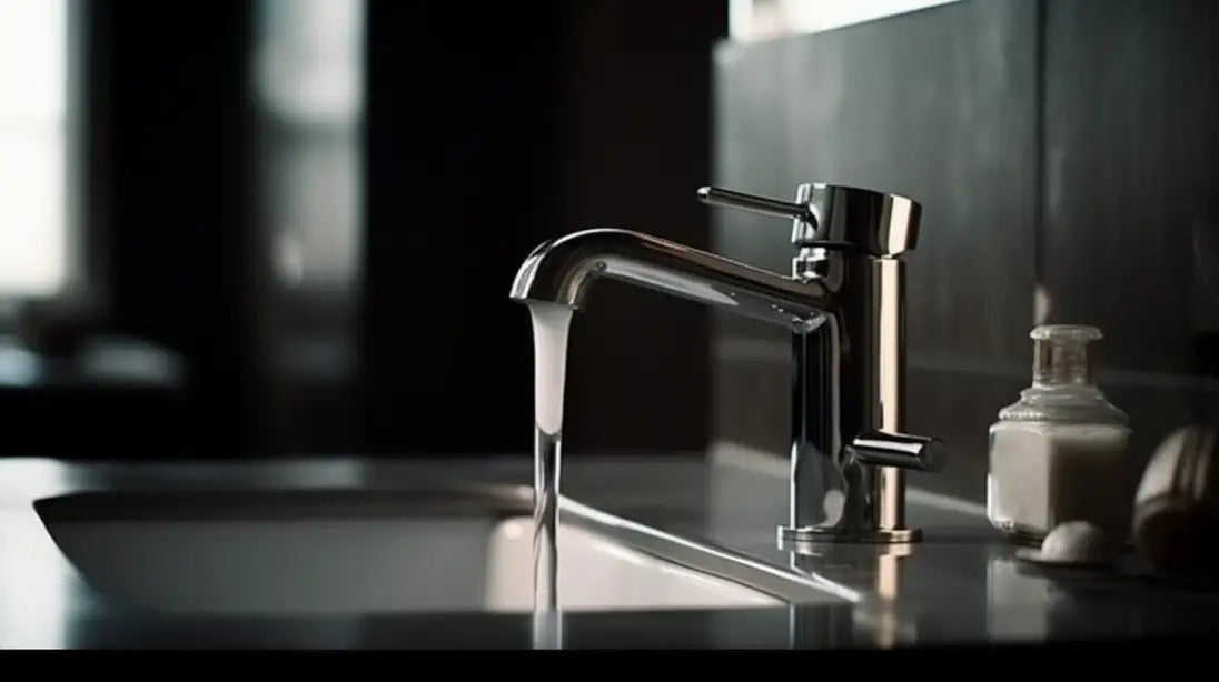 A modern polished metal kitched sink with an open tap and running water