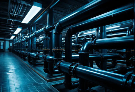 industrial facility with numerous pipes covered with lagging and cladding