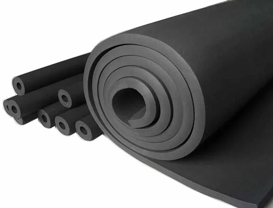 Rolled black nitrile rubber insulation material for pipe insulation with closed-cell foam.